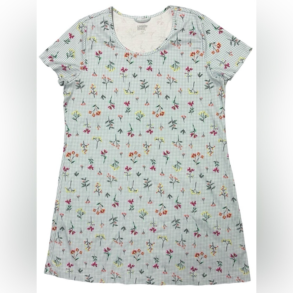 Lands End Dress Size Med (10-12) House Shirt Midi Comfort Blue Gingham Floral